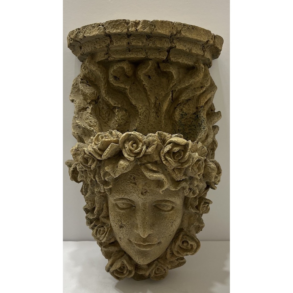Sconce Planter Shelf Classical Roman Woman Face Roses DistressedSandstone Finish